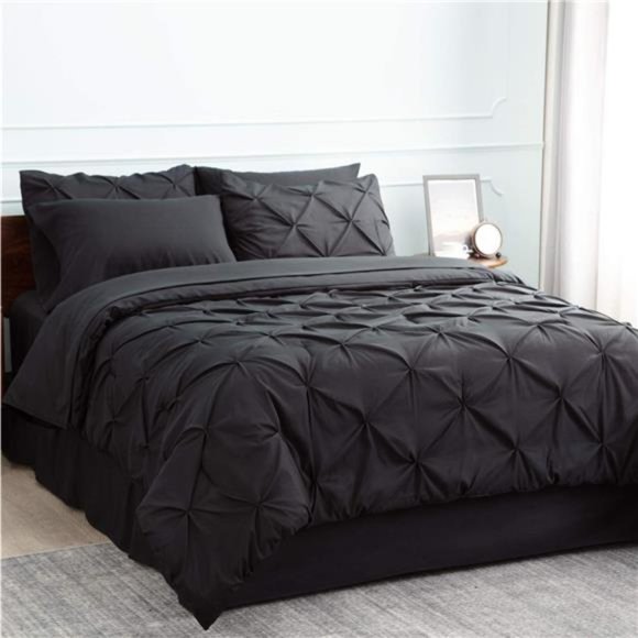 Black Comforter Set Bed in a Bag Queen or Full 7 Pieces, Pintuck Bedding Sets - Picture 4 of 6